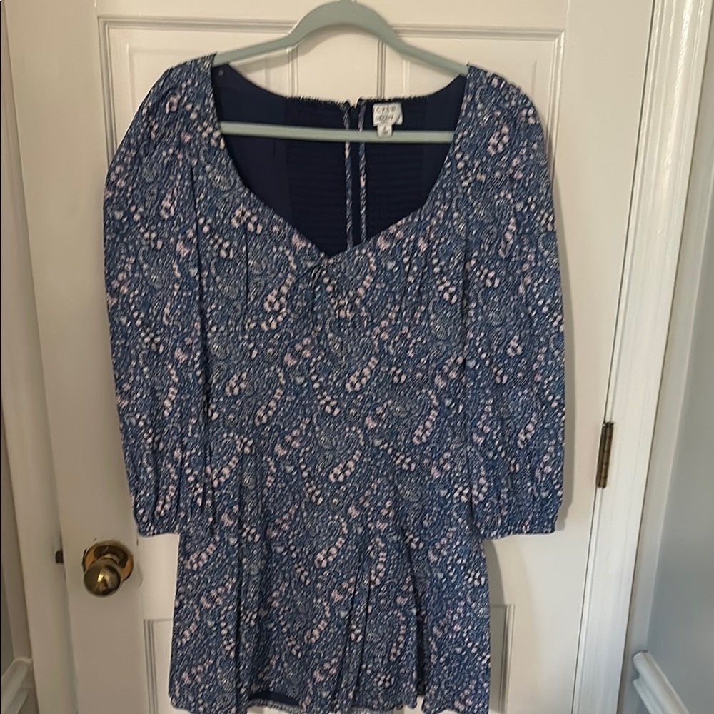 J Crew Liberty of London Blue and White Smocked 3/4 Sleeve dress
